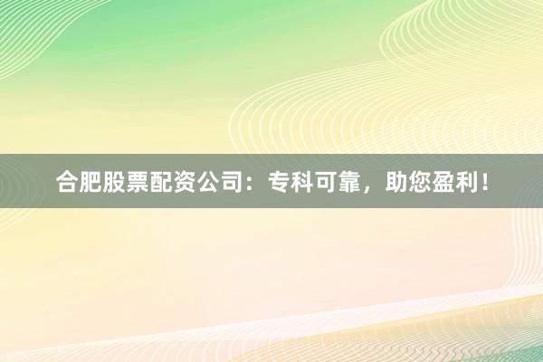 合肥股票配资公司:专科可靠,助您盈利!